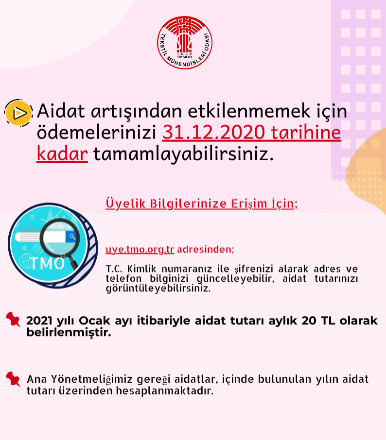 AİDAT ARTIŞINDAN ETKİLENMEMEK İÇİN ÖDEMELERİNİZİ 31.12.2020 TARİHİNE KADAR TAMAMLAYABİLİRSİNİZ.