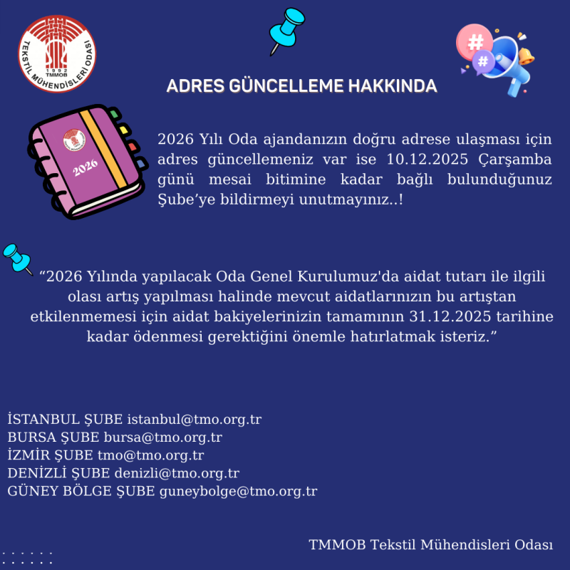 2026 Yılı Oda Ajandası Dağıtımı – Adres Güncellemesi Hakkında